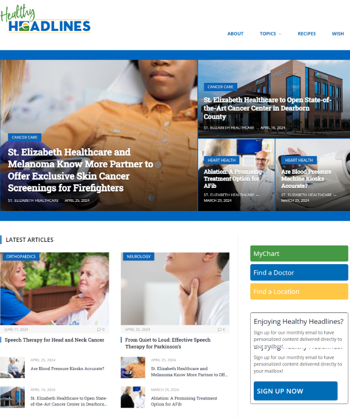 Screenshot of St. Elizabeth Healthcare's newletter titled, "Healthy Headlines." The main headlines reads, "St. Elizabeth Healthcare and Melanoma Know More Partner to Offer Exclusive Skin Cancer Screenings for Firefighters."